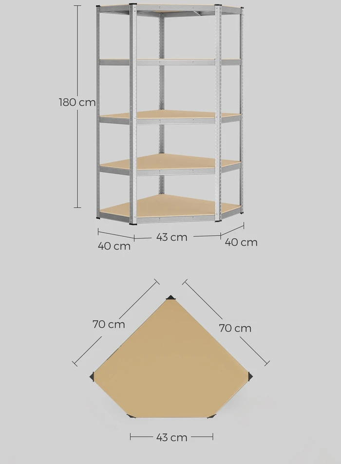 Koduva Kampinė lentyna, 5 lentynų, 70 x 70 x 180 cm, plienas ir MDF, sidabro, natūraliai smėlinė