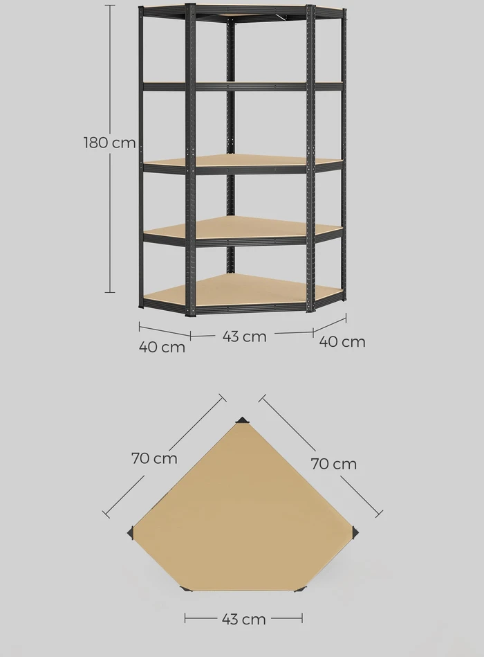 Koduva Kampinė lentyna, 5 pakopų, plienas ir MDF, 90 x 90 x 180 cm, iki 875 kg, juoda-smėlio