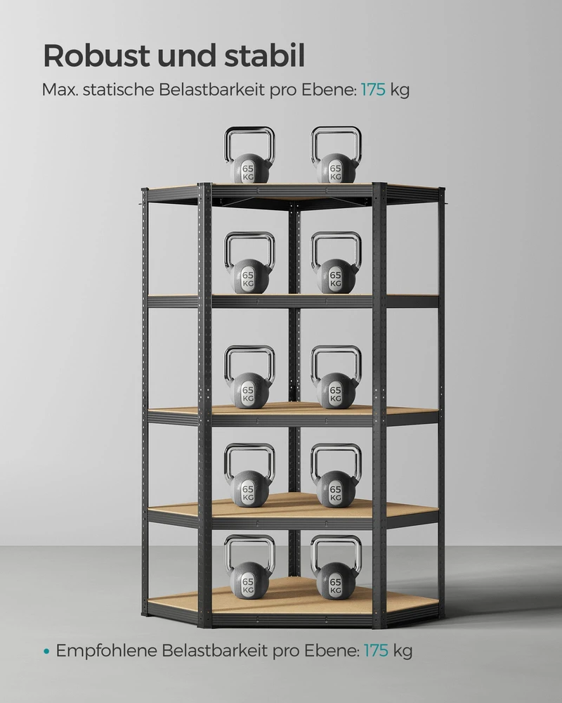 Koduva Kampinė lentyna, 5 pakopų, plienas ir MDF, 90 x 90 x 180 cm, iki 875 kg, juoda-smėlio