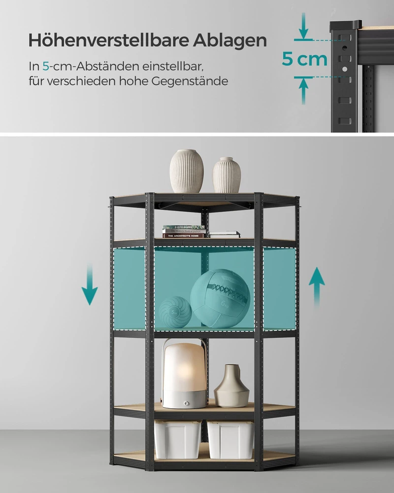 Koduva Kampinė lentyna, 5 pakopų, plienas ir MDF, 90 x 90 x 180 cm, iki 875 kg, juoda-smėlio