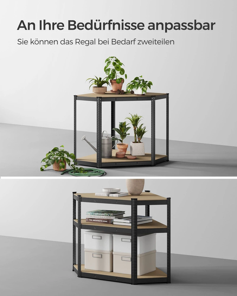 Koduva Kampinė lentyna, 5 pakopų, plienas ir MDF, 90 x 90 x 180 cm, iki 875 kg, juoda-smėlio