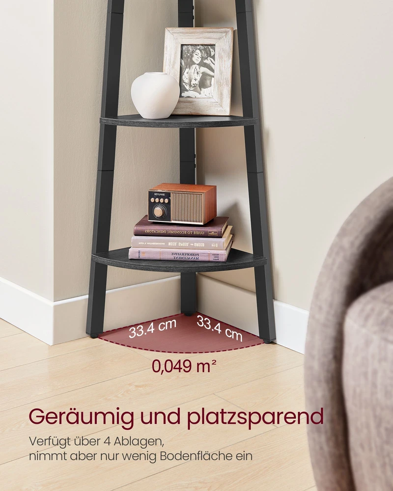 Songmics Kampinė lentyna su 4 lentynomis, medžio drožlių plokštė ir plienas, antracito pilka–juoda, 33,4 x 33,4 x 125 cm