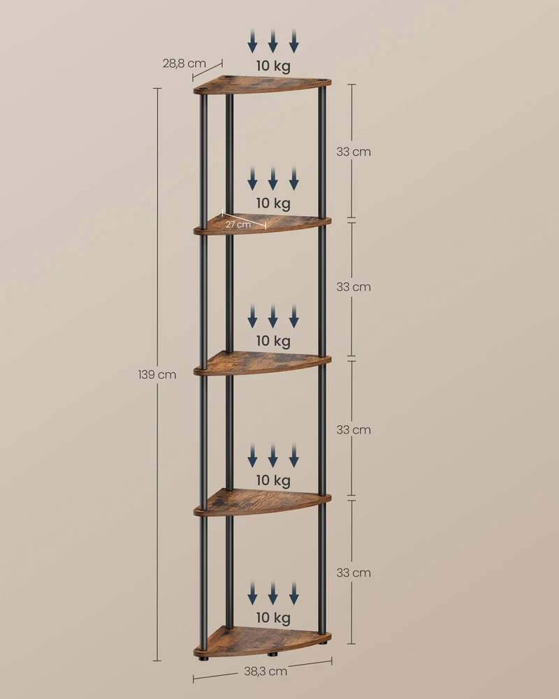 Songmics Kampinė lentyna su 5 lentynomis, 38,3 x 27 x 139 cm, medžio drožlių plokštė ir plienas, sendinta ruda