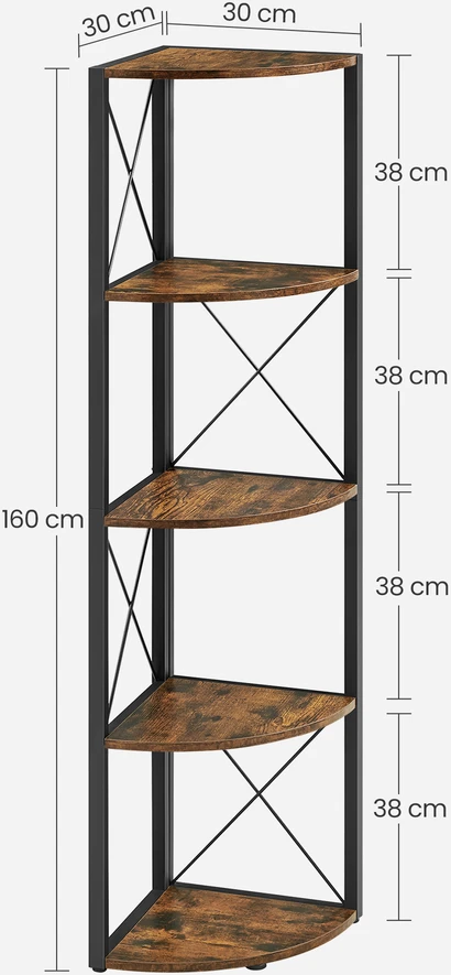 Songmics Kampinė lentyna su 5 lentynomis, 30 x 30 x 160 cm, medžio drožlių plokštė ir plienas, ruda-juoda
