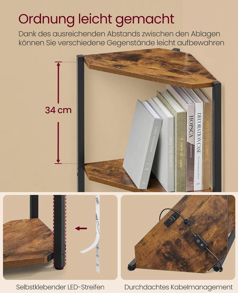 Songmics Kampinė lentyna su 5 lentynomis ir LED apšvietimu, 24,8 x 48 x 146,6 cm, ruda
