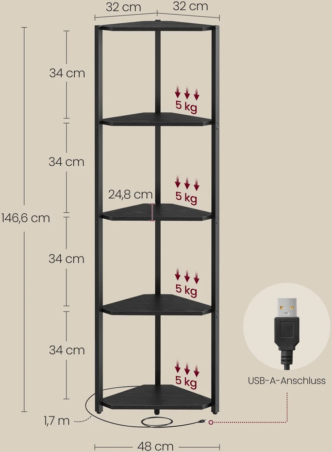 Songmics Kampinė lentyna su 5 lentynomis ir LED apšvietimu, juoda, 24,8 x 48 x 146,6 cm