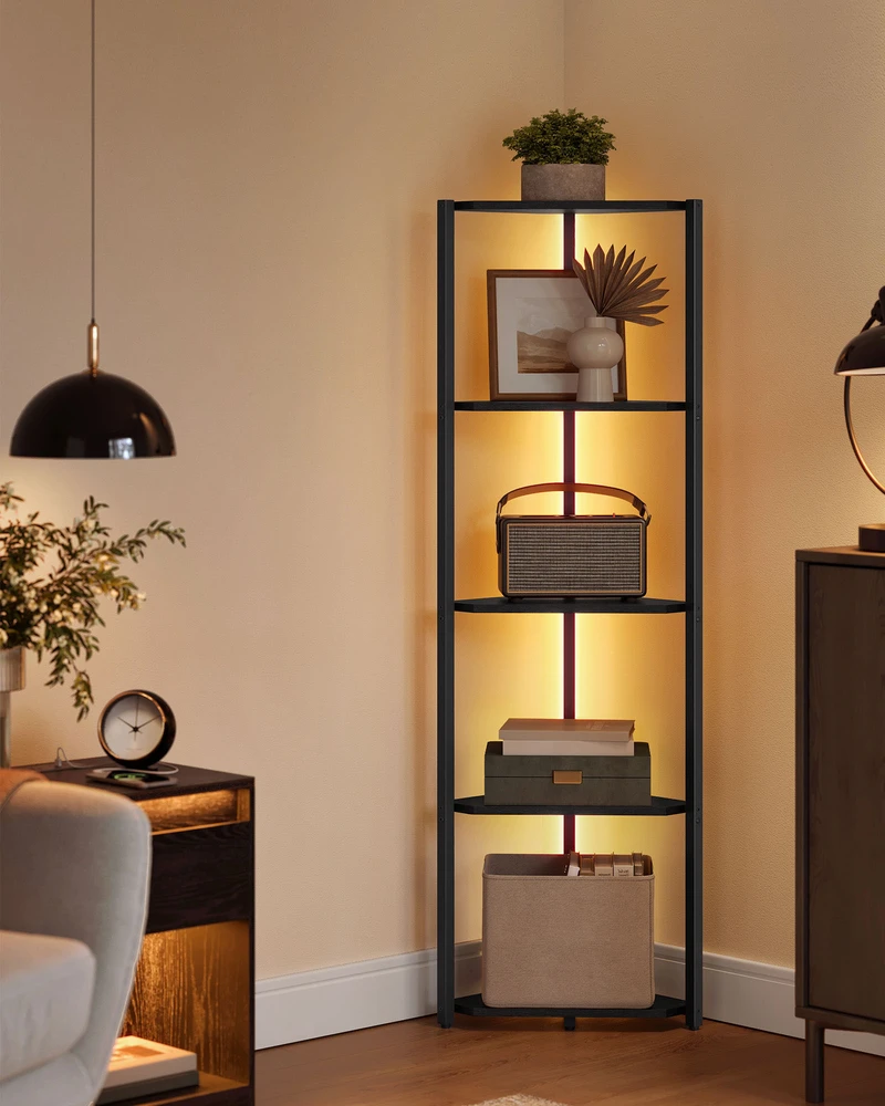Songmics Kampinė lentyna su 5 lentynomis ir LED apšvietimu, juoda, 24,8 x 48 x 146,6 cm
