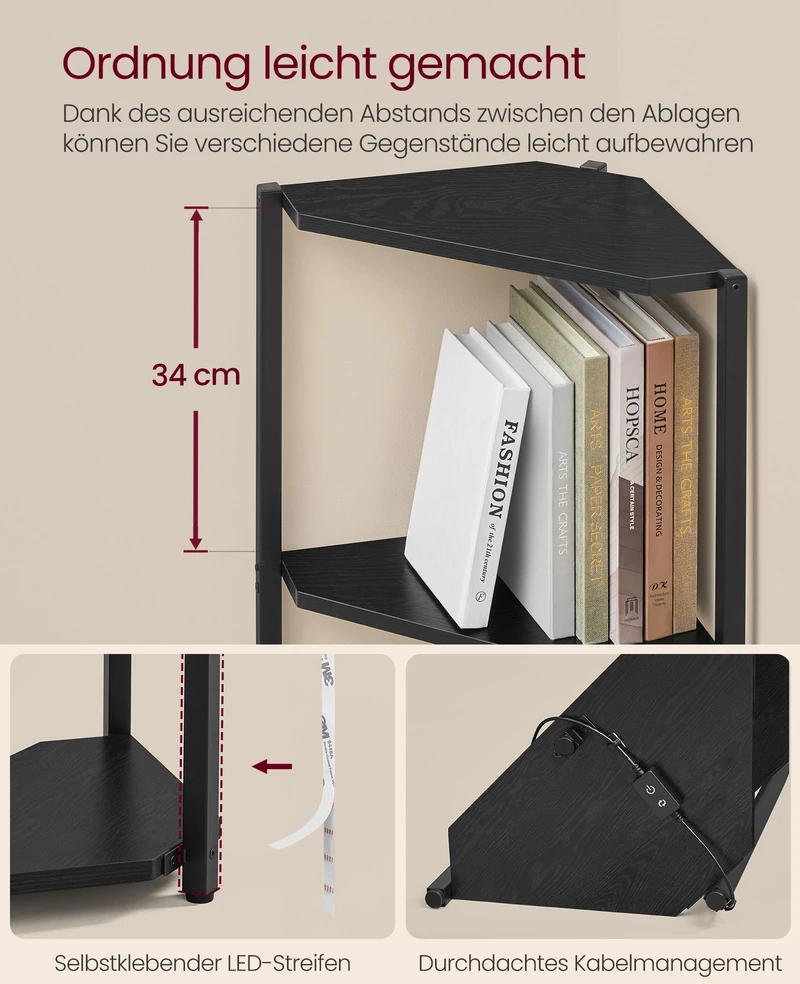 Songmics Kampinė lentyna su 5 lentynomis ir LED apšvietimu, juoda, 24,8 x 48 x 146,6 cm