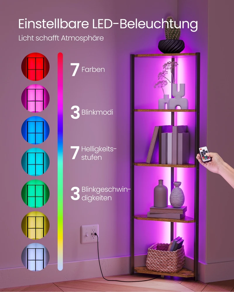 Songmics Kampinė lentyna su 5 lentynomis ir LED apšvietimu, 24,8 x 48 x 146,6 cm, ruda