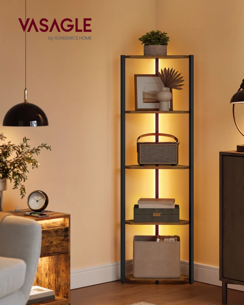 Songmics Kampinė lentyna su 5 lentynomis ir LED apšvietimu, 24,8 x 48 x 146,6 cm, ruda