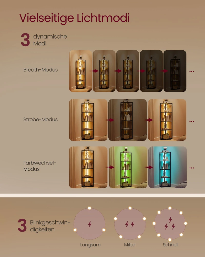 Songmics Kampinė lentyna su 5 lentynomis ir LED apšvietimu, juoda, 24,8 x 48 x 146,6 cm