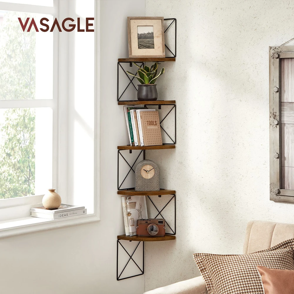 Songmics Kampinė lentyna, tvirtinama prie sienos, 5 lentynų, 20 x 20 x 127,5 cm, ruda-juoda