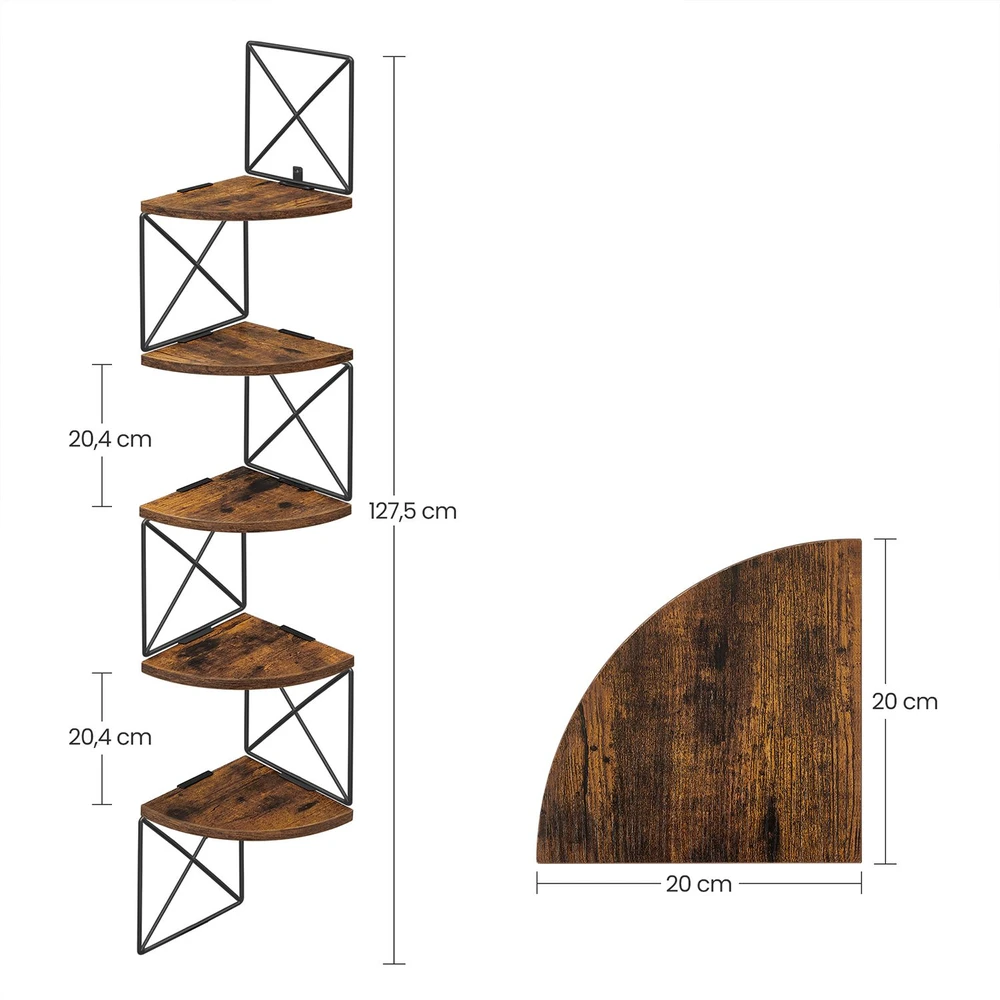 Songmics Kampinė lentyna, tvirtinama prie sienos, 5 lentynų, 20 x 20 x 127,5 cm, ruda-juoda