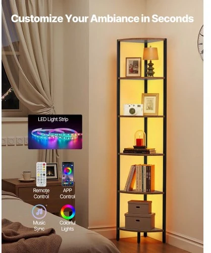 Sofa VEVOR Kampinė lentyna su LED apšvietimu, 6 pakopų, metalas ir MDF mediena, juoda / ruda, 28,5 x 28,5 x 171,5 cm