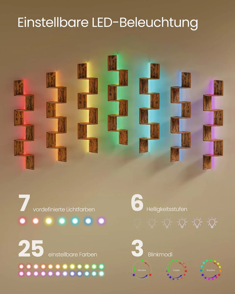 Koduva Kampinė sieninė lentyna su LED apšvietimu, 5 lentynų, medžio drožlių plokštė, 20 x 20 x 126 cm