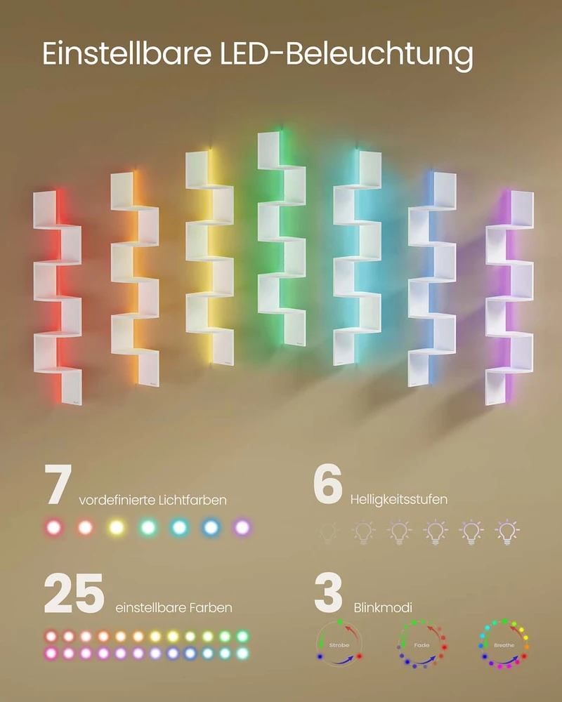 Koduva Kampinė sieninė lentyna su LED apšvietimu, 5 lentynos, medžio drožlių plokštė, matinė balta, 20 x 20 x 126 cm