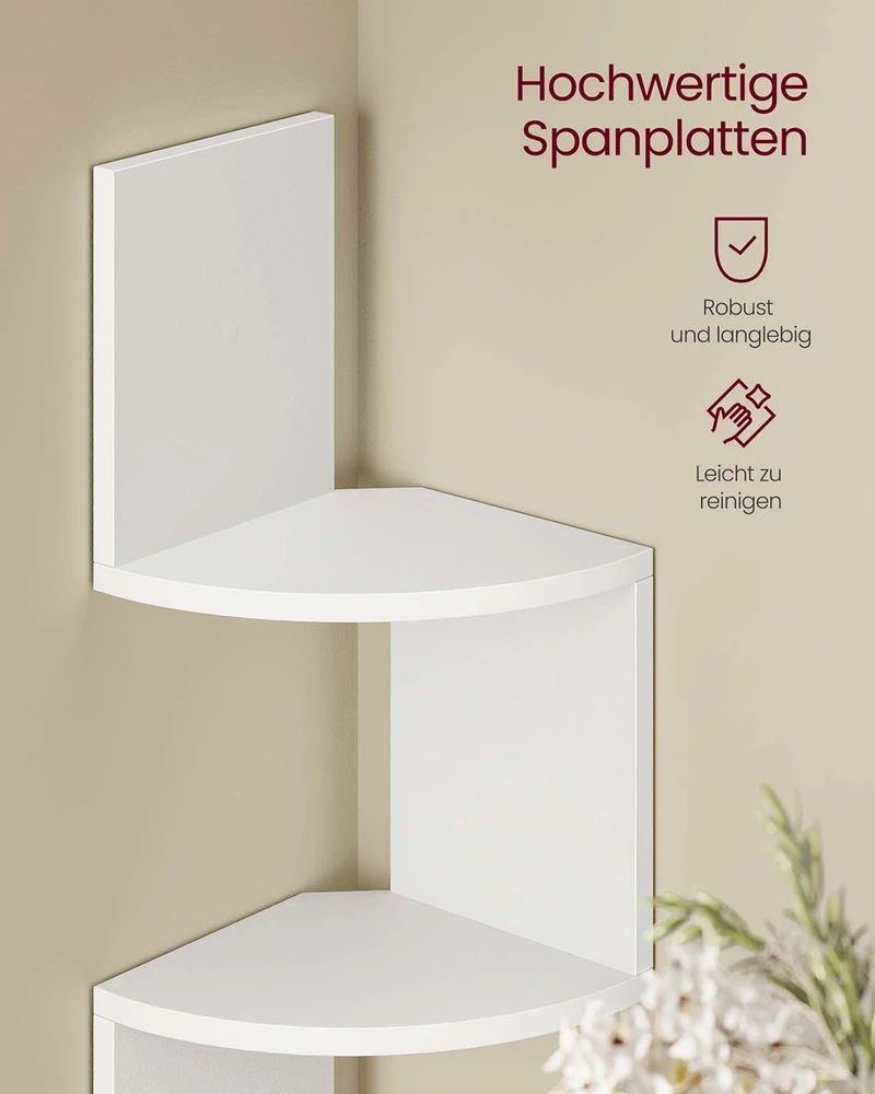 Koduva Kampinė sieninė lentyna su LED apšvietimu, 5 lentynos, medžio drožlių plokštė, matinė balta, 20 x 20 x 126 cm