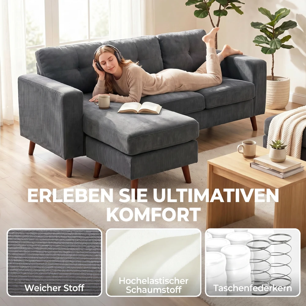 Aosom Kampinė sofa 192 cm, 3 vietų, su keičiamu šezlongu, tamsiai pilka