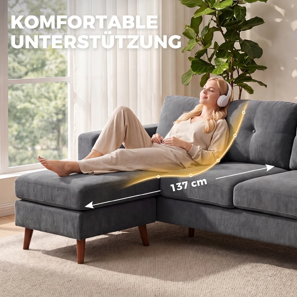 Aosom Kampinė sofa 192 cm, 3 vietų, su keičiamu šezlongu, tamsiai pilka