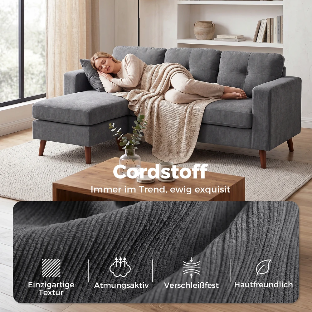 Aosom Kampinė sofa 192 cm, 3 vietų, su keičiamu šezlongu, tamsiai pilka