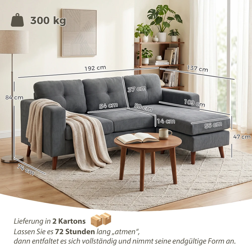 Aosom Kampinė sofa 192 cm, 3 vietų, su keičiamu šezlongu, tamsiai pilka