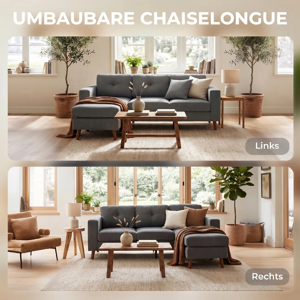 Aosom Kampinė sofa 192 cm, 3 vietų, su keičiamu šezlongu, tamsiai pilka