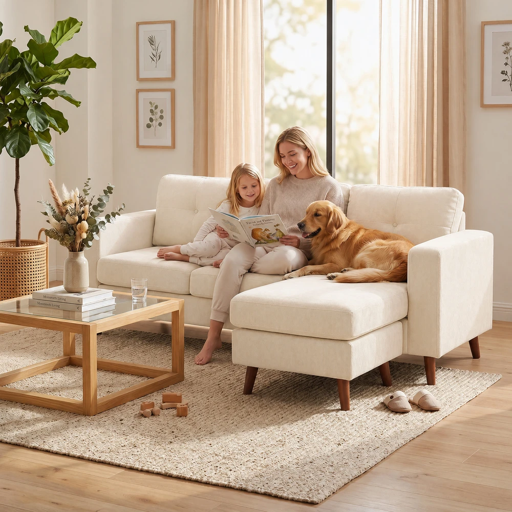 Aosom Kampinė sofa 192 cm, L formos, 3 vietų, su keičiamu šezlongu, kordas, kreminė balta