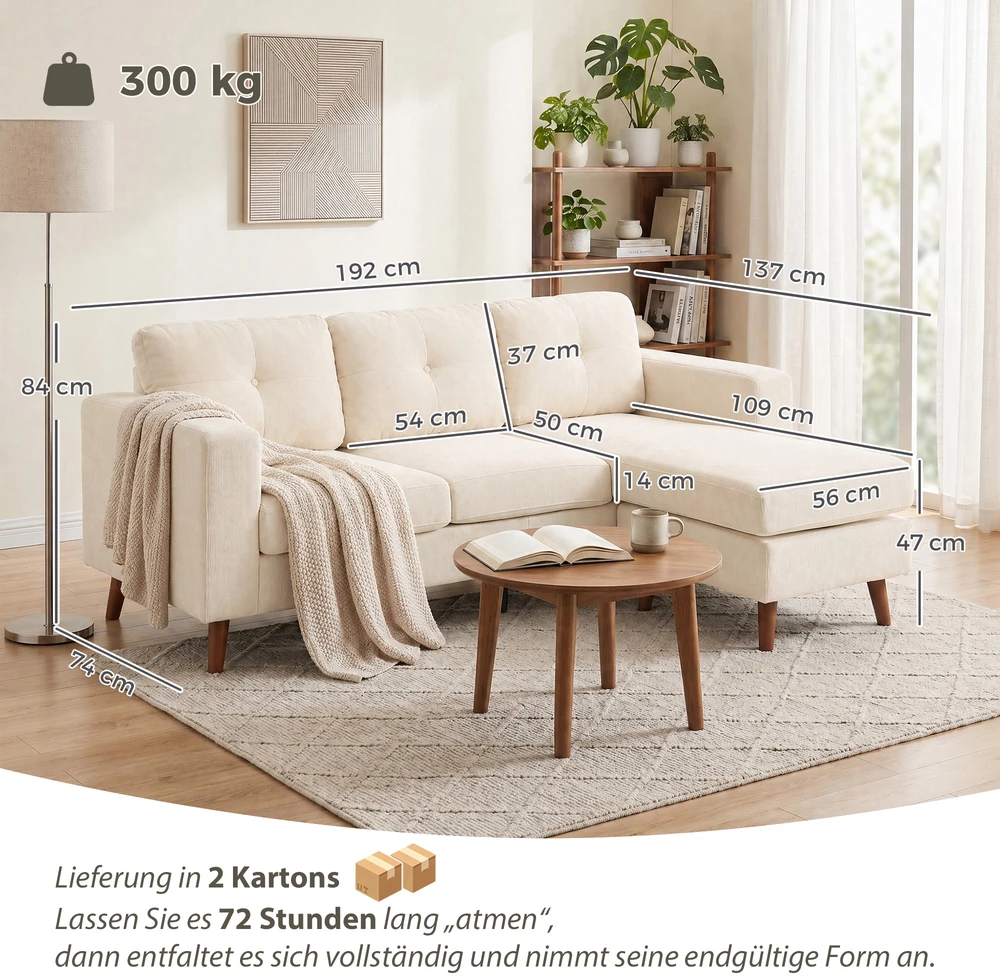 Aosom Kampinė sofa 192 cm, L formos, 3 vietų, su keičiamu šezlongu, kordas, kreminė balta