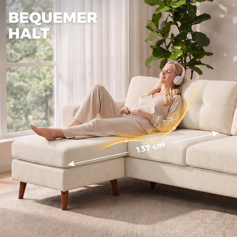 Aosom Kampinė sofa 192 cm, L formos, 3 vietų, su keičiamu šezlongu, kordas, kreminė balta