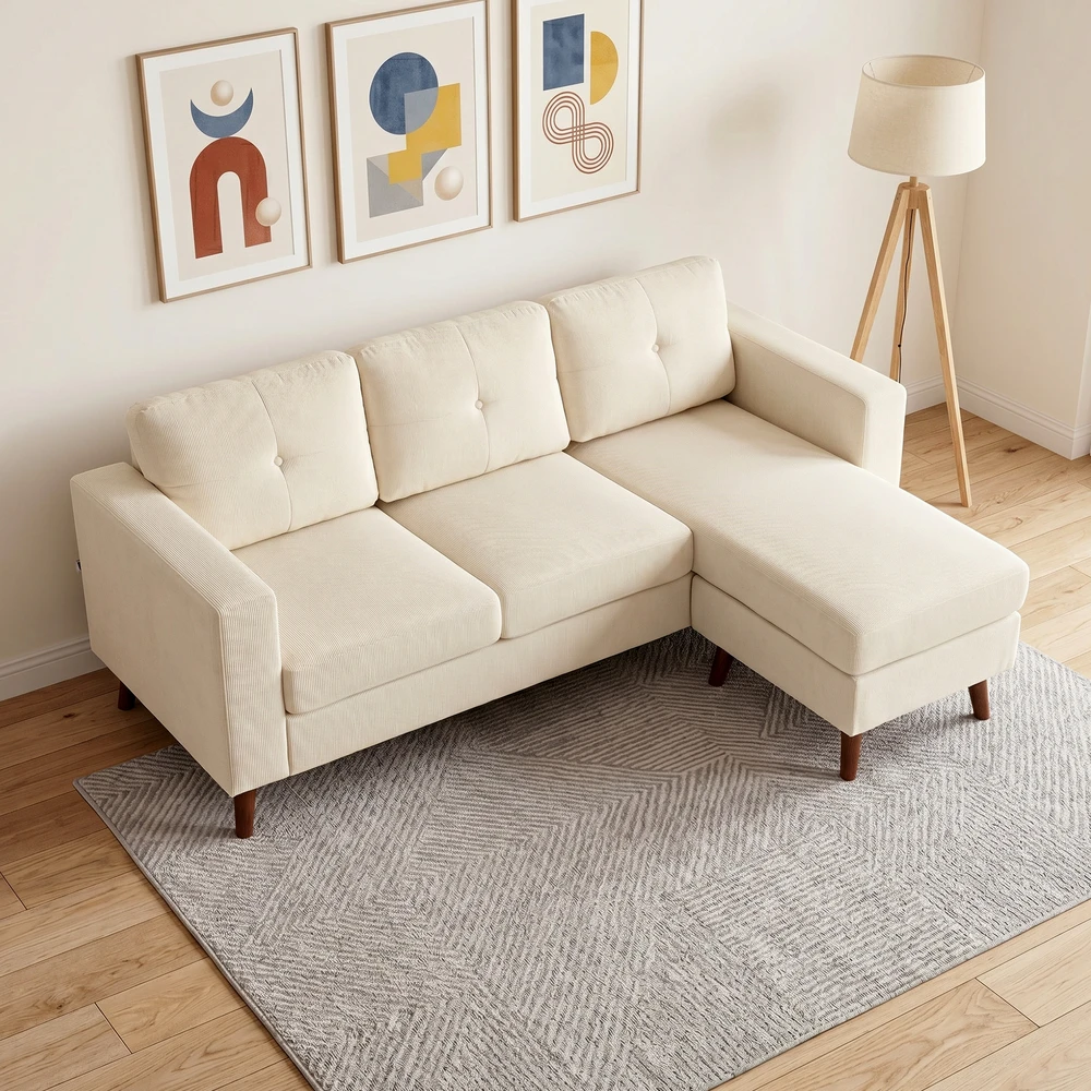 Aosom Kampinė sofa 192 cm, L formos, 3 vietų, su keičiamu šezlongu, kordas, kreminė balta