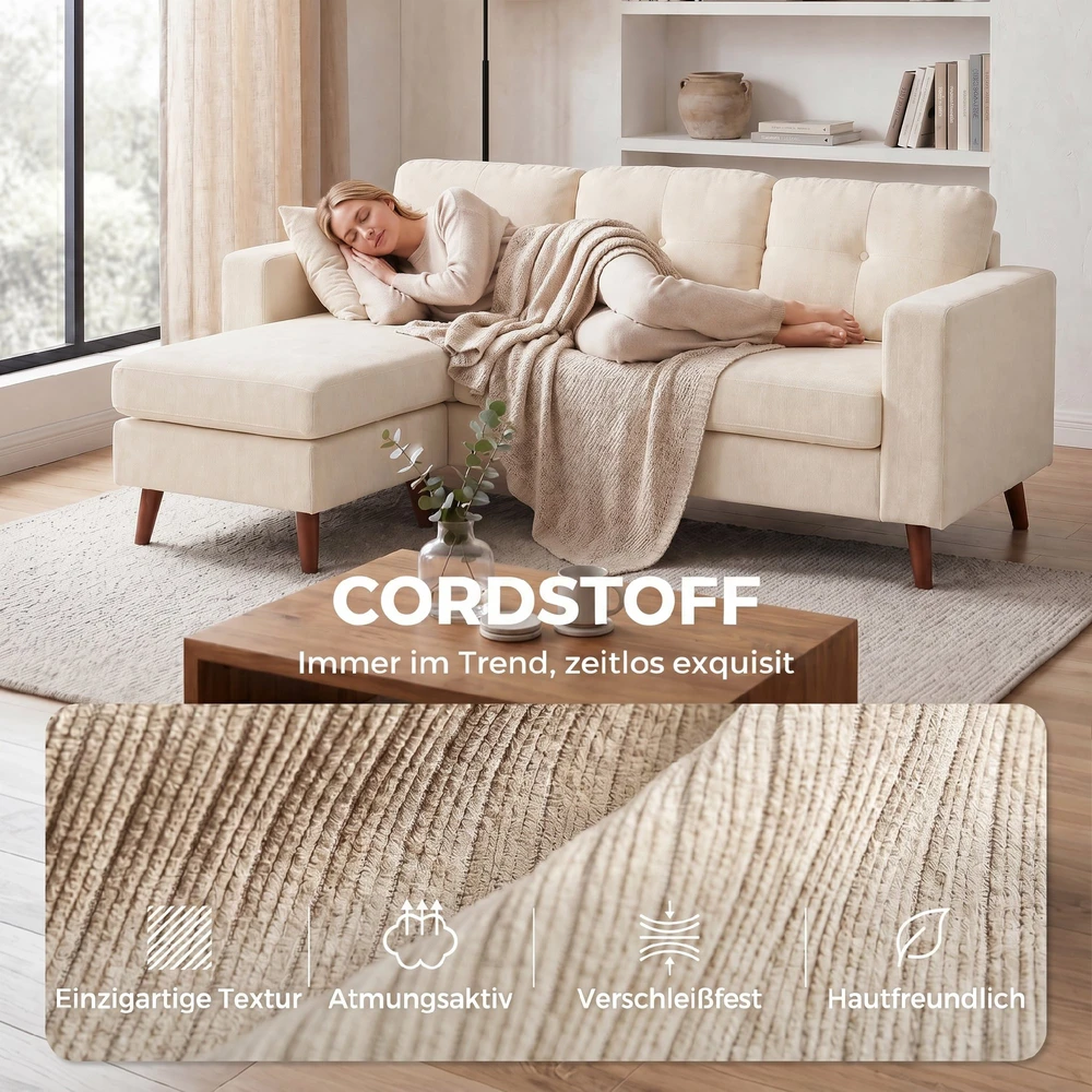 Aosom Kampinė sofa 192 cm, L formos, 3 vietų, su keičiamu šezlongu, kordas, kreminė balta