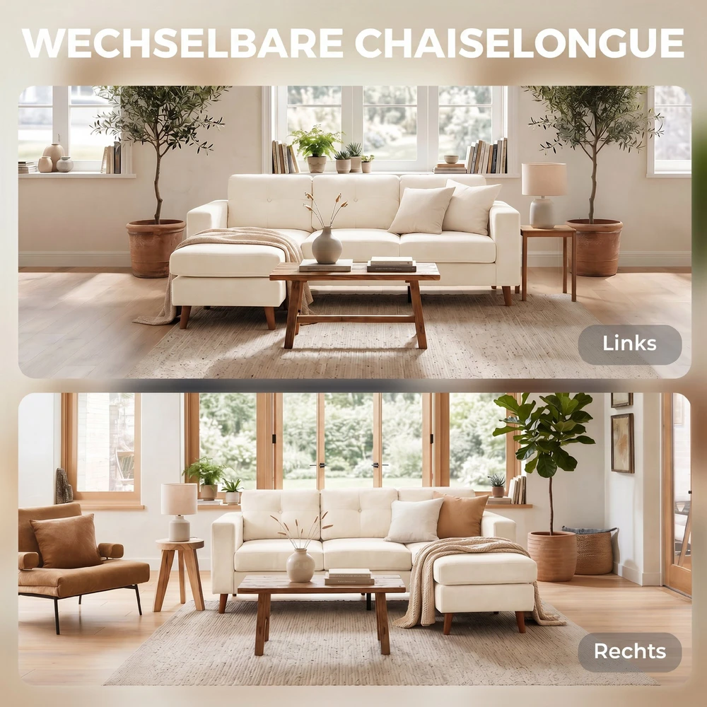 Aosom Kampinė sofa 192 cm, L formos, 3 vietų, su keičiamu šezlongu, kordas, kreminė balta