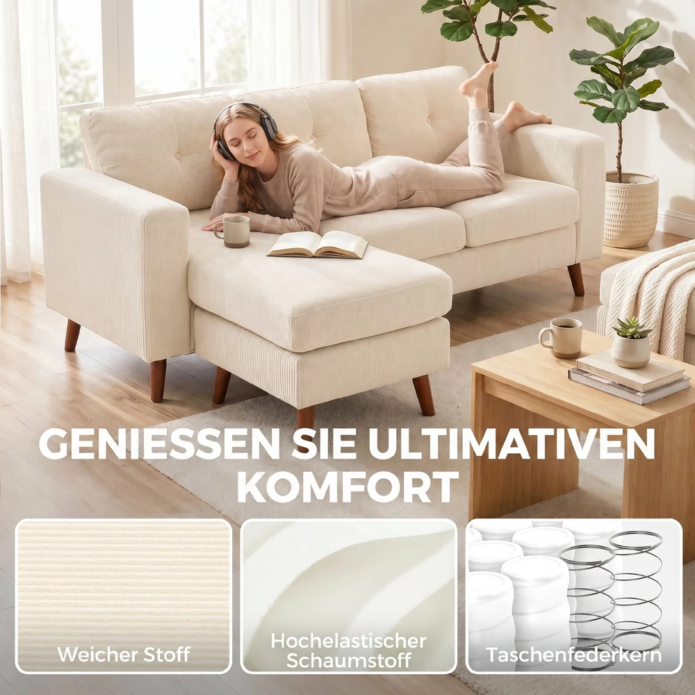 Aosom Kampinė sofa 192 cm, L formos, 3 vietų, su keičiamu šezlongu, kordas, kreminė balta