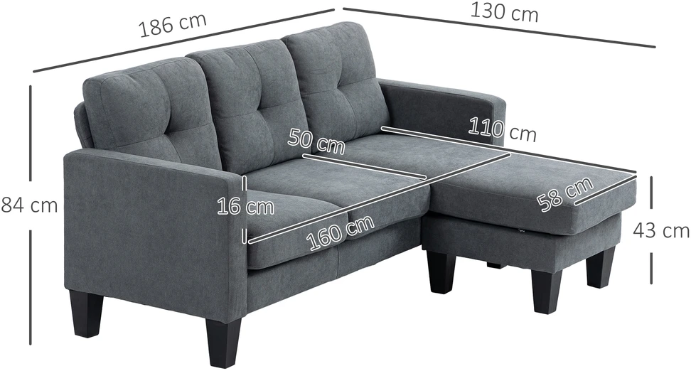 Aosom Kampinė sofa L formos, perstatoma šezlongo dalis, tamsiai pilka