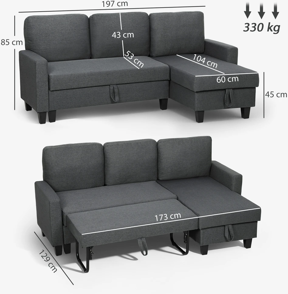 Aosom Kampinė sofa-lova su patalynės dėže, tamsiai pilka, 197 x 129 x 85 cm