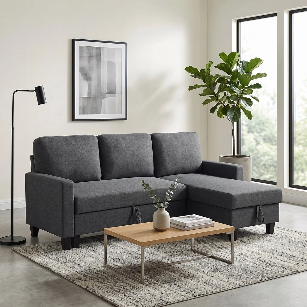 Aosom Kampinė sofa-lova su patalynės dėže, tamsiai pilka, 197 x 129 x 85 cm