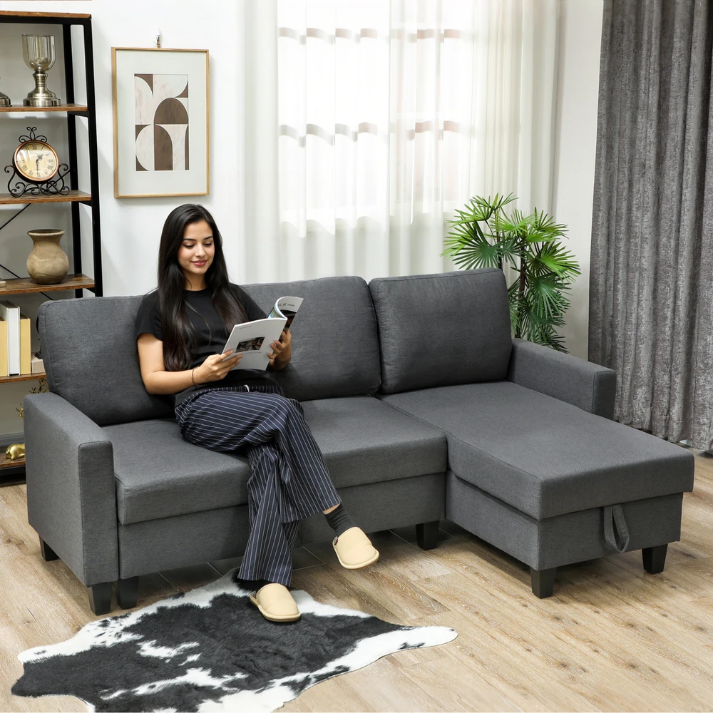 Aosom Kampinė sofa-lova su patalynės dėže, tamsiai pilka, 197 x 129 x 85 cm