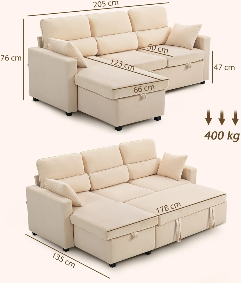 Aosom Kampinė sofa-lova, sulankstoma svečių sofa su patalynės dėže, pagalvėlėmis, smėlio