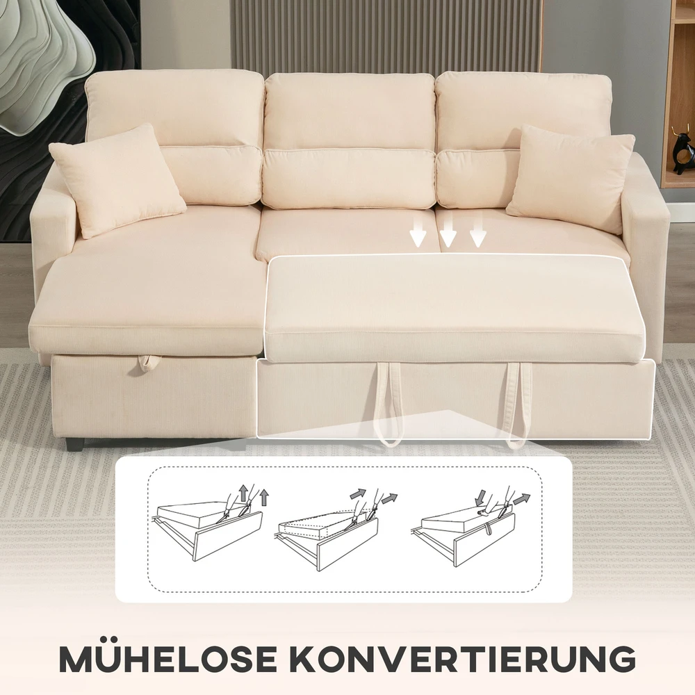 Aosom Kampinė sofa-lova, sulankstoma svečių sofa su patalynės dėže, pagalvėlėmis, smėlio