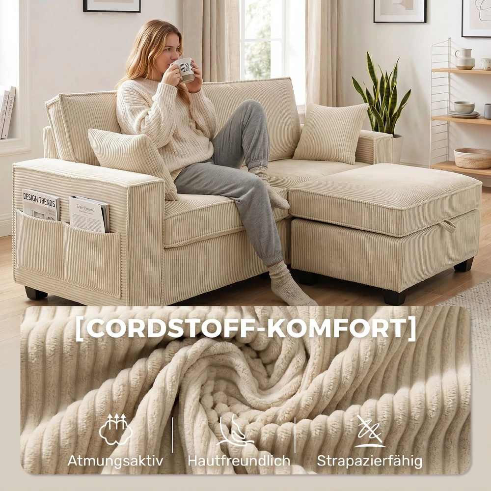 Aosom Kampinė sofa su daiktadėže, smėlio spalvos, 216 x 151 x 94 cm