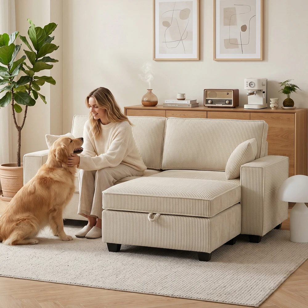 Aosom Kampinė sofa su daiktadėže, smėlio spalvos, 216 x 151 x 94 cm
