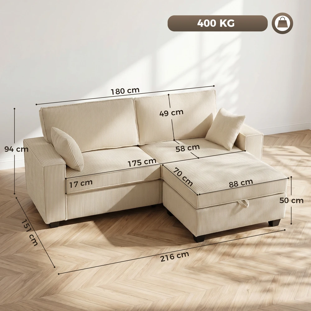 Aosom Kampinė sofa su daiktadėže, smėlio spalvos, 216 x 151 x 94 cm