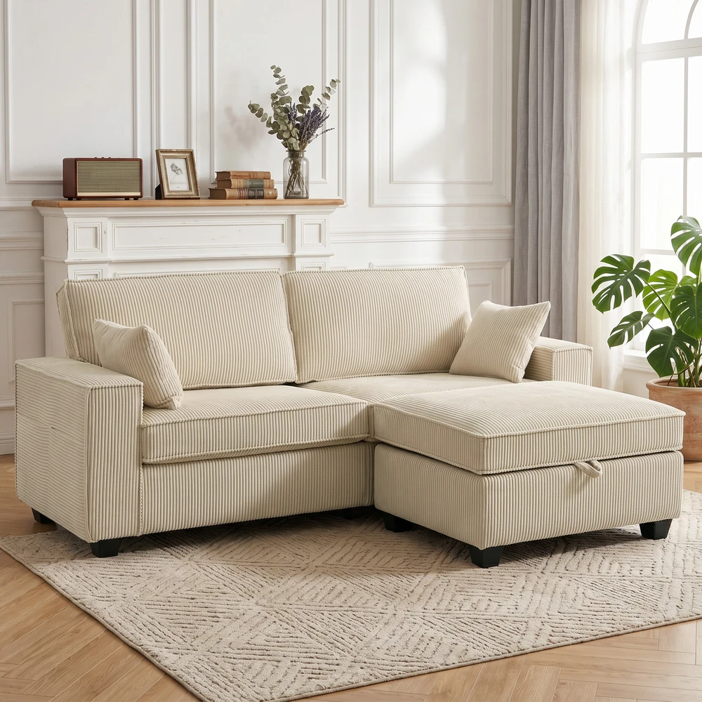 Aosom Kampinė sofa su daiktadėže, smėlio spalvos, 216 x 151 x 94 cm