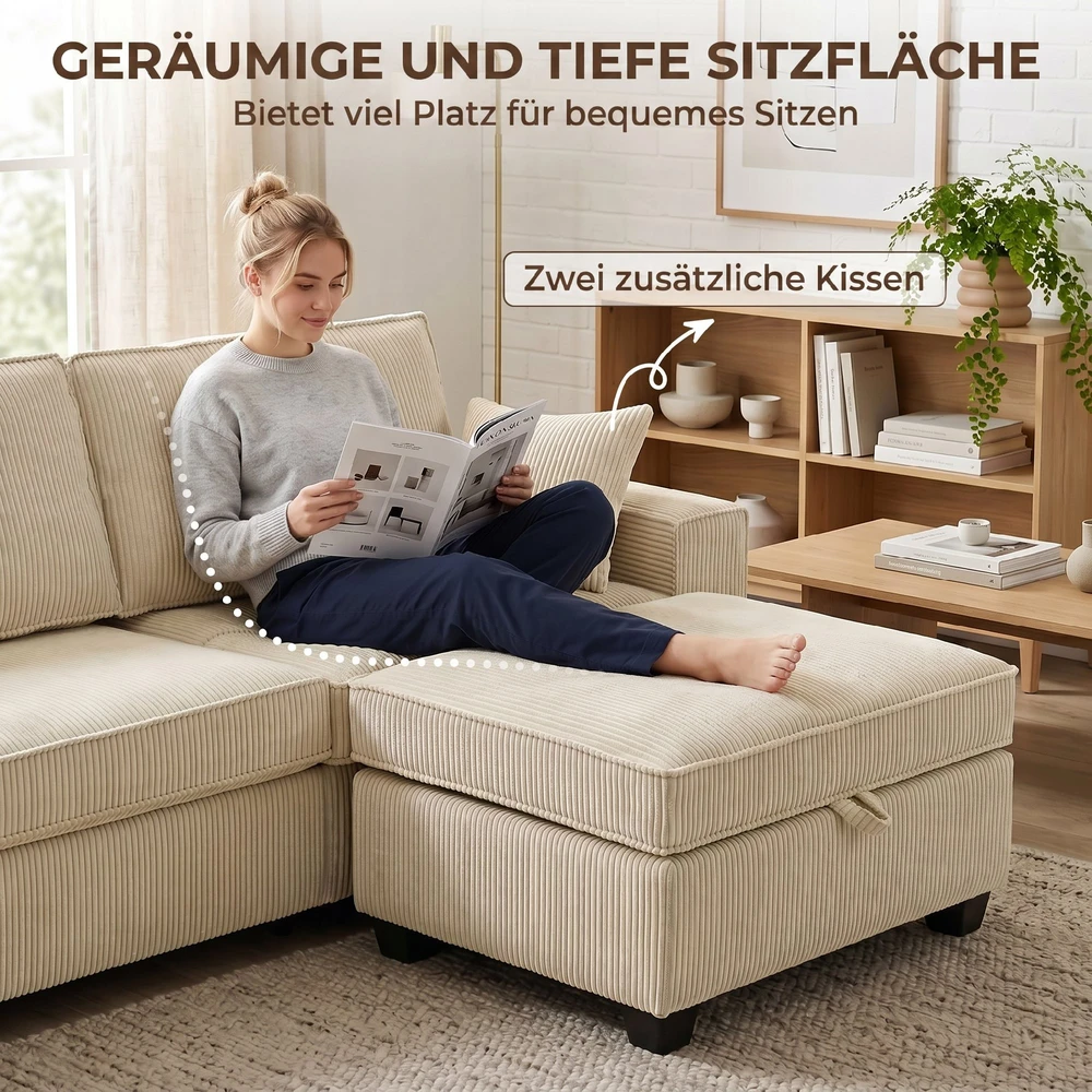 Aosom Kampinė sofa su daiktadėže, smėlio spalvos, 216 x 151 x 94 cm