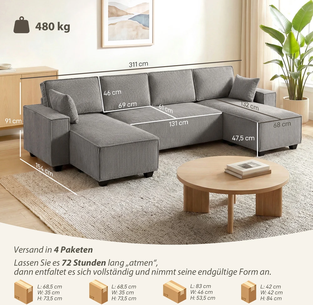 Aosom Kampinė sofa su dviem šezlongais, U formos, šviesiai pilka, 311 x 154 x 91 cm