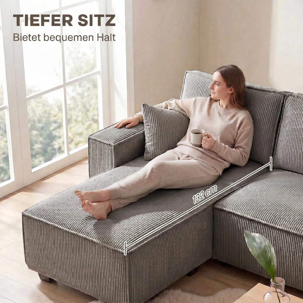 Aosom Kampinė sofa su dviem šezlongais, U formos, šviesiai pilka, 311 x 154 x 91 cm