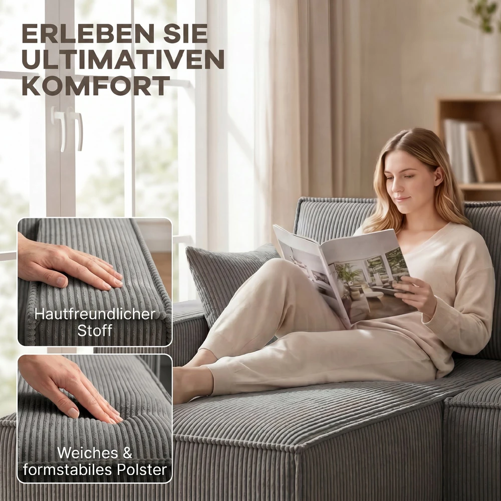 Aosom Kampinė sofa su dviem šezlongais, U formos, šviesiai pilka, 311 x 154 x 91 cm