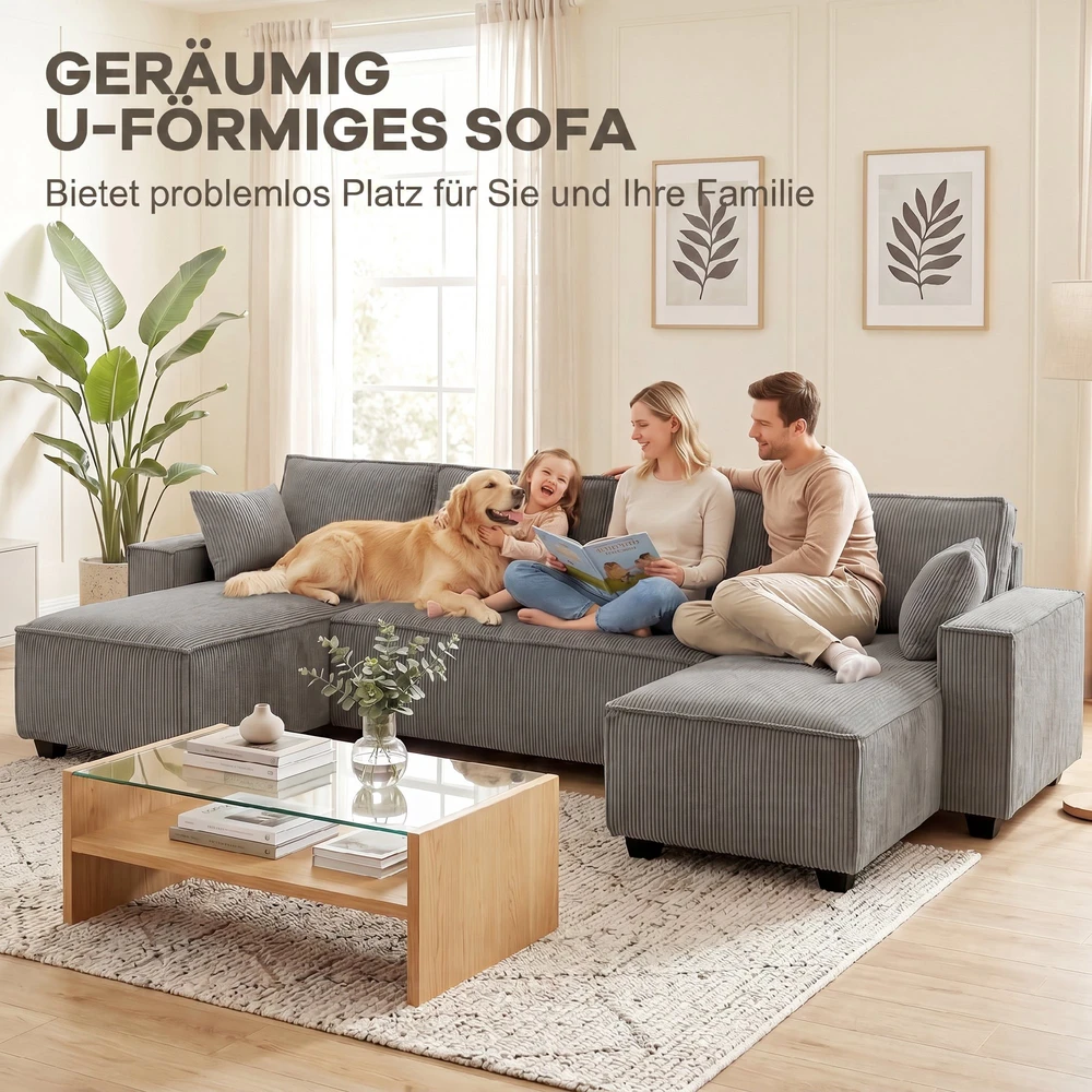 Aosom Kampinė sofa su dviem šezlongais, U formos, šviesiai pilka, 311 x 154 x 91 cm