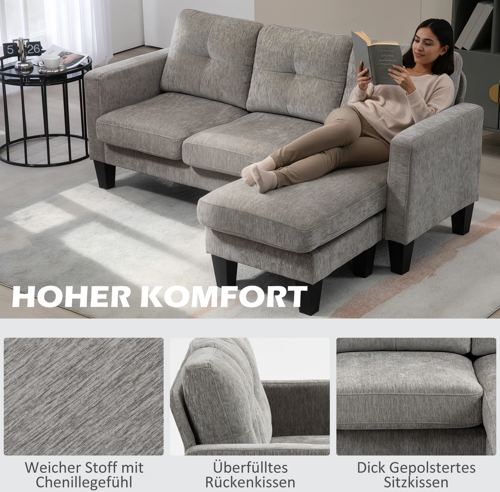 Aosom Kampinė sofa su keičiamu šezlongu, L formos, pilkai ruda, 186 x 130 x 84 cm