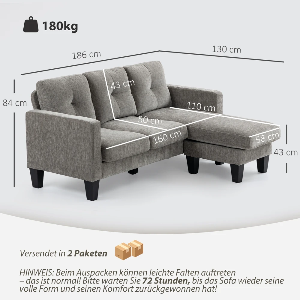 Aosom Kampinė sofa su keičiamu šezlongu, L formos, pilkai ruda, 186 x 130 x 84 cm